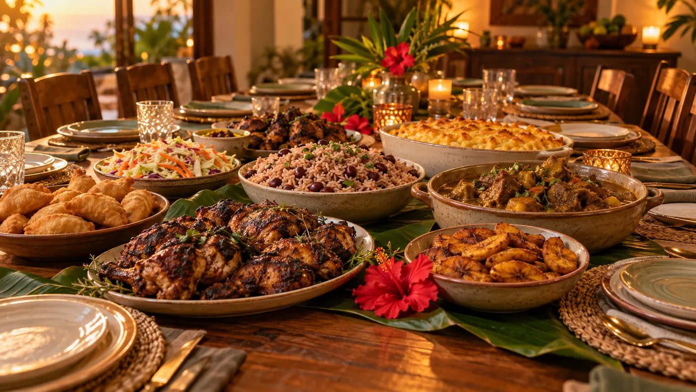A family table set with jerk chicken, curry goat, rice and peas, mac and cheese and plantain